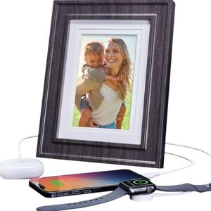 iHome Wireless Charging  Frame - Brown accommodates a 5" x 7" or 4" x 6” photo